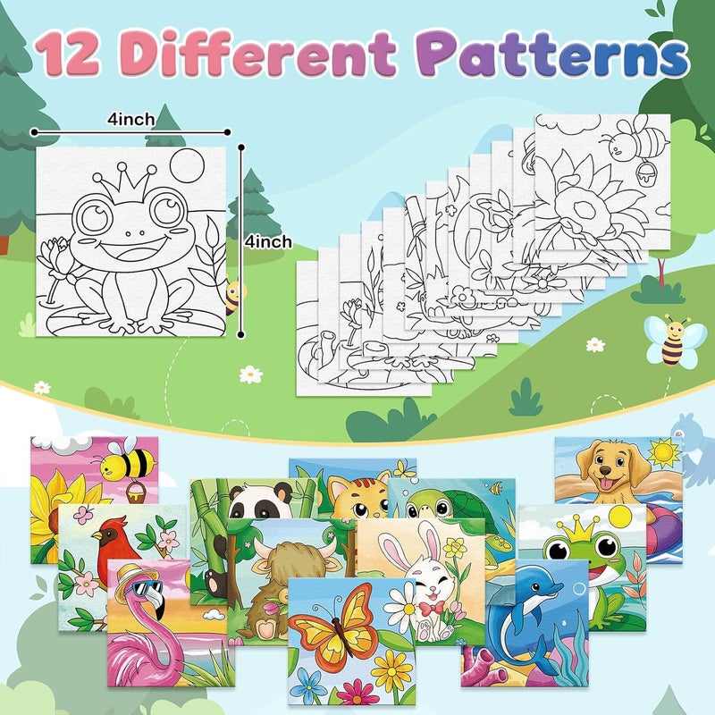 Anseal 12 Packs Pre Drawn Canvas to Paint, 4" X 4" Animal Pre-Printed Canvas Paint Party, Stretched Outline Painting Boards for Beginners, Party Favor - Image 3